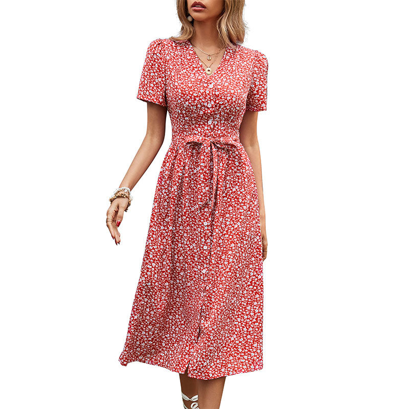 Floral A-Line Midi Dress with V-Neck and Tie-Waist