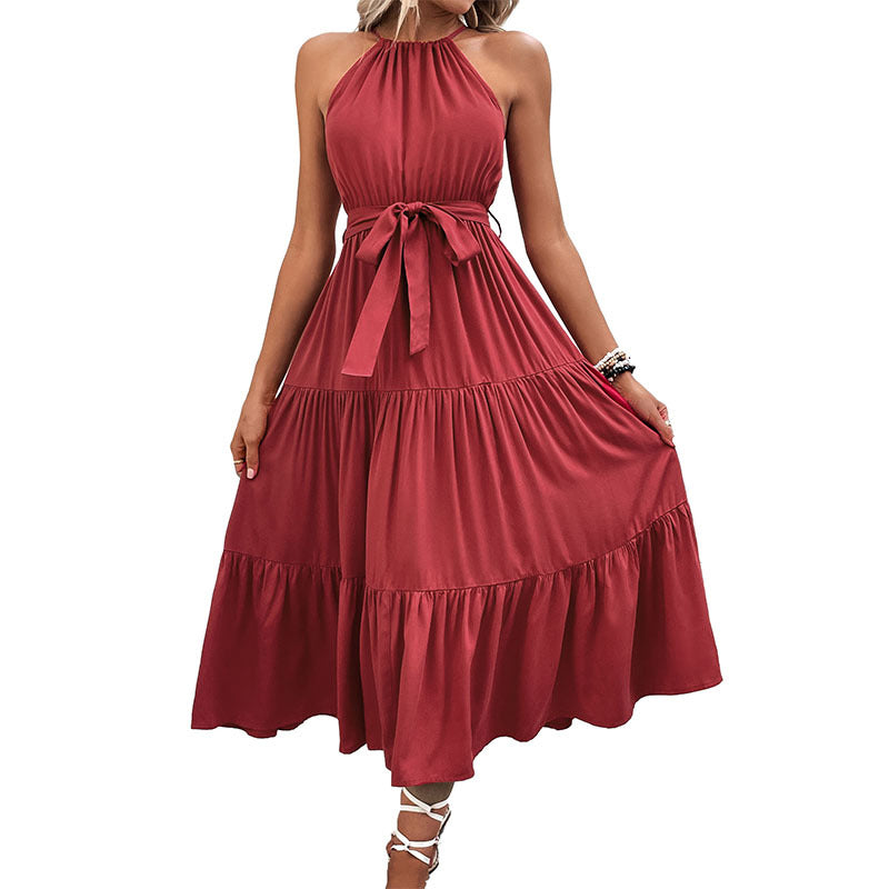 Solid Midi Dress with Halter Neck, Tiered Skirt, and Tie-Waist