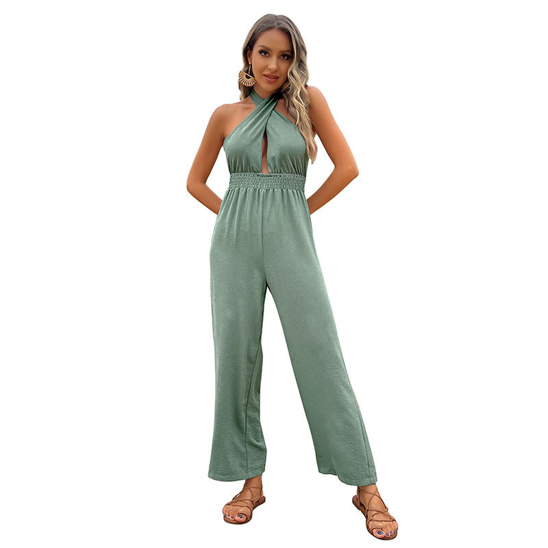 Solid Straight-Leg Jumpsuit with Halter Neck and Smocked Waist