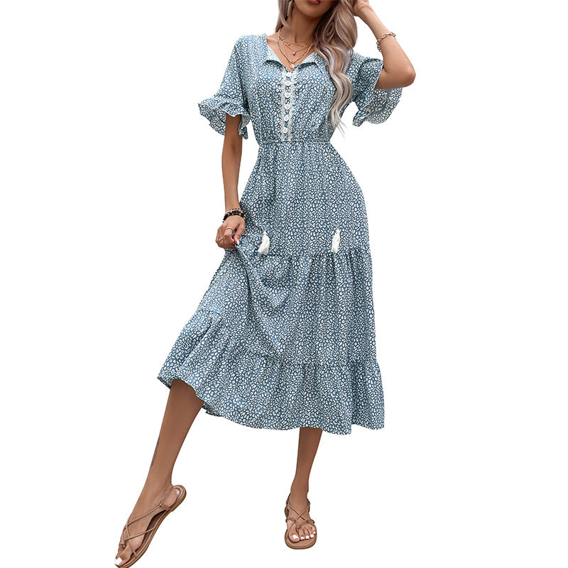 Floral A-Line Midi Dress with V-Neck and Ruffle Sleeves
