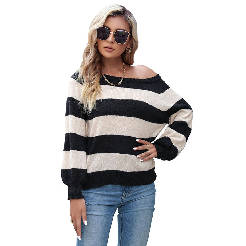 Slouchy Striped Pullover Sweater with Wide Neckline