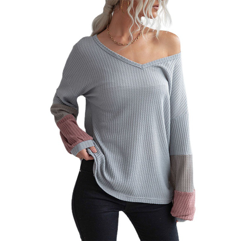 Loose Color-Blocked Waffle Knit Pullover with V-Neck
