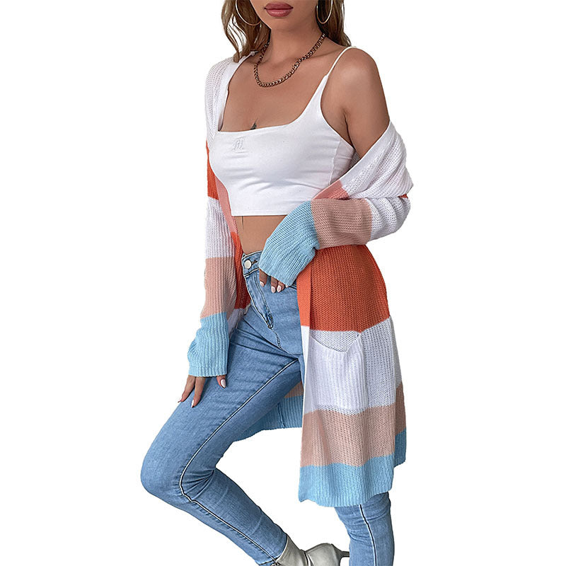 Color-Blocked Longline Cardigan with Patch Pockets