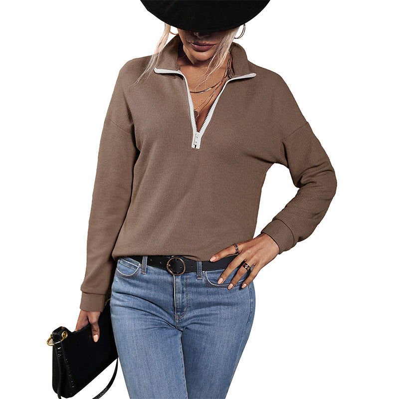 Loose Knit Pullover with Quarter-Zip and Lapel Collar
