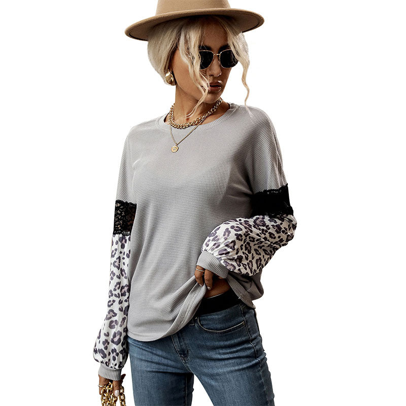 Waffle Knit Patchwork Top with Leopard Print and Lace Detail