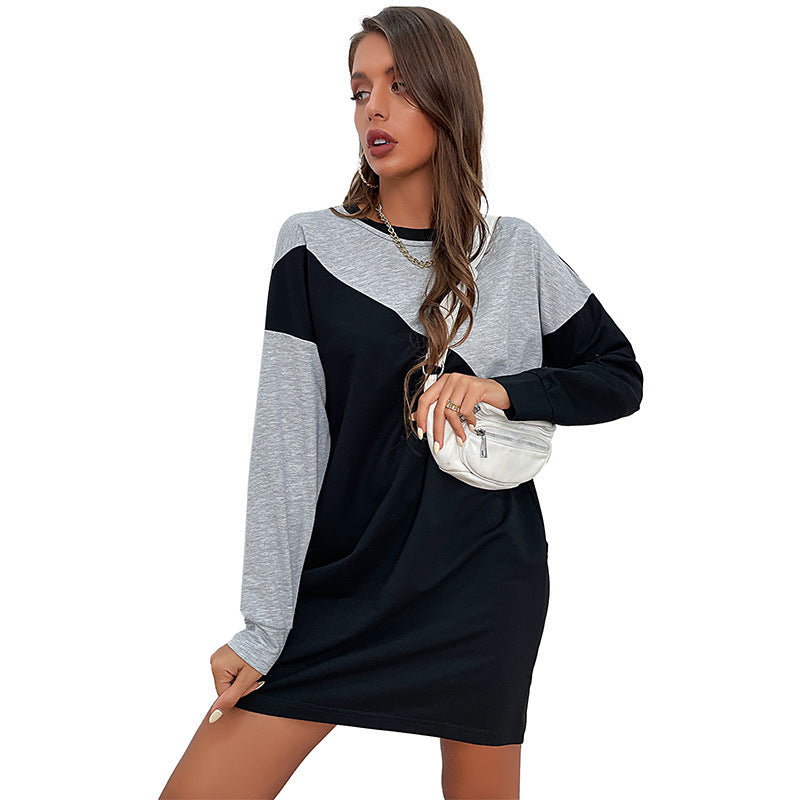 Color-Blocked Loose Sweatshirt Dress with Crewneck