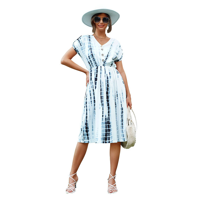 Tie-Dye A-Line Midi Dress with V-Neck and Button Detail