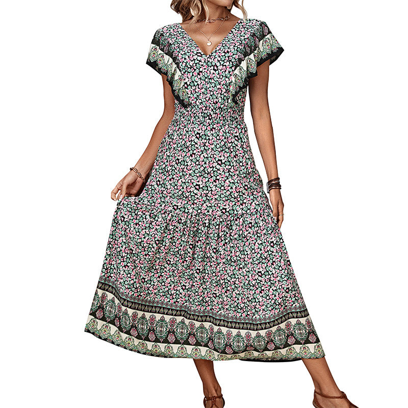 Ethnic Floral Print A-Line Midi Dress with Ruffled V-Neck