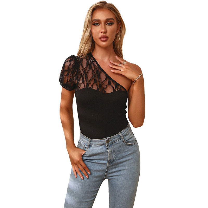 One-Shoulder Bodycon Bodysuit with Lace Patchwork