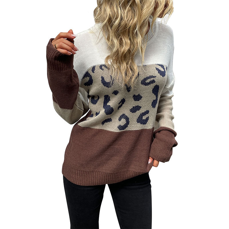 Leopard Print Color-Block Knit Sweater with Crewneck