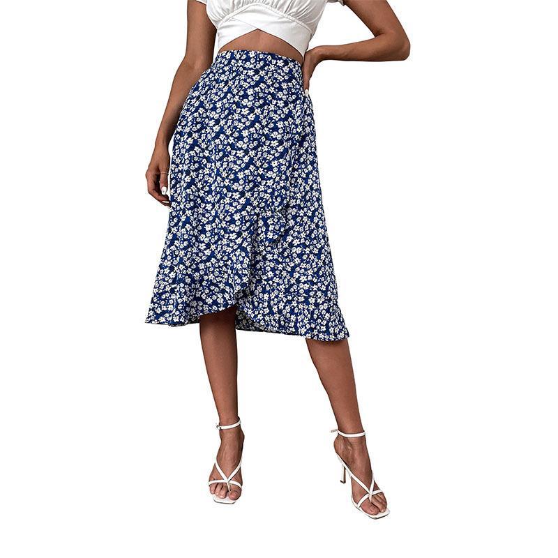 Floral Print A-Line Midi Skirt with High Waist and Ruffles