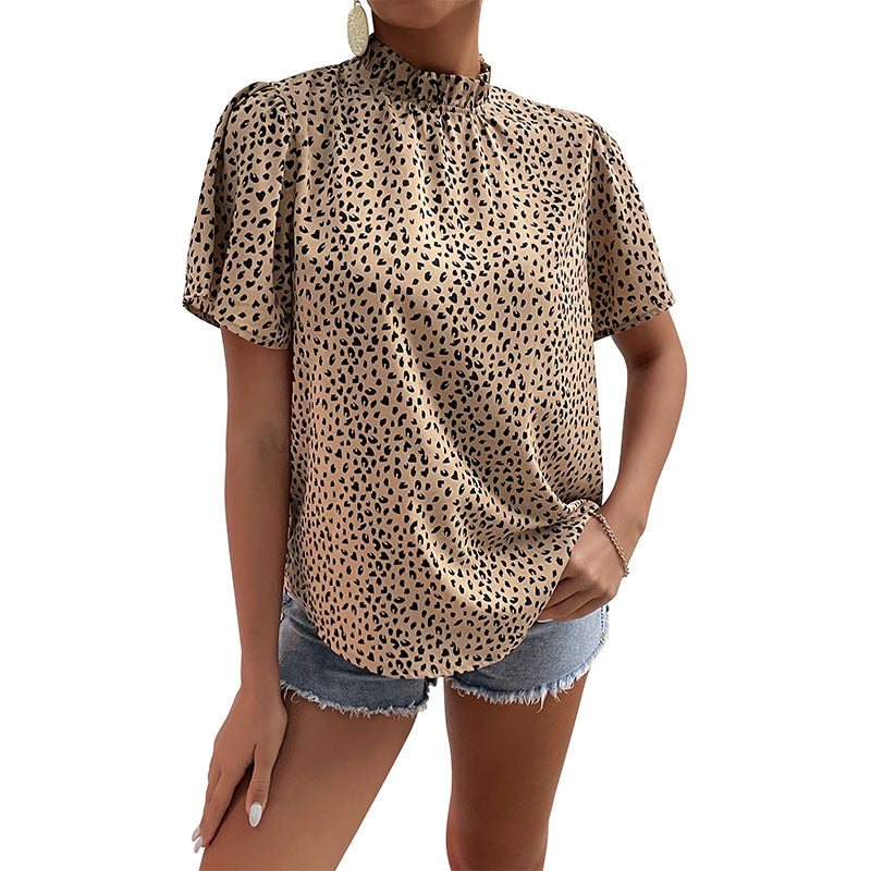 Leopard Print Blouse with Ruffled Mock Neck and Short Sleeves