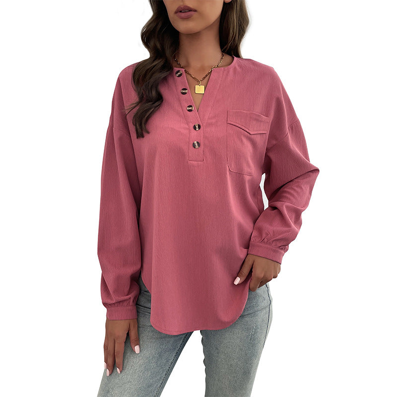 Solid Color Henley Shirt with Long Sleeves and Chest Pocket