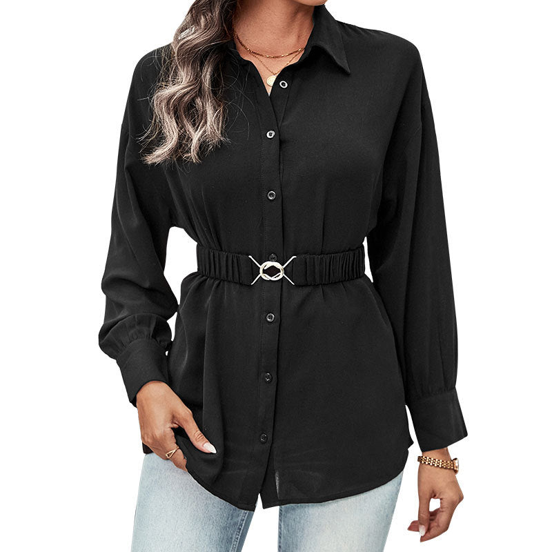 Solid Button-Down Tunic Shirt with Lapel Collar and Belt
