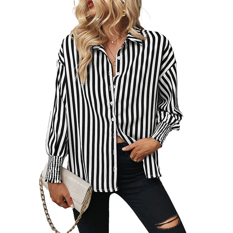 Striped Button-Down Shirt with Lapel Collar and Shirred Cuffs