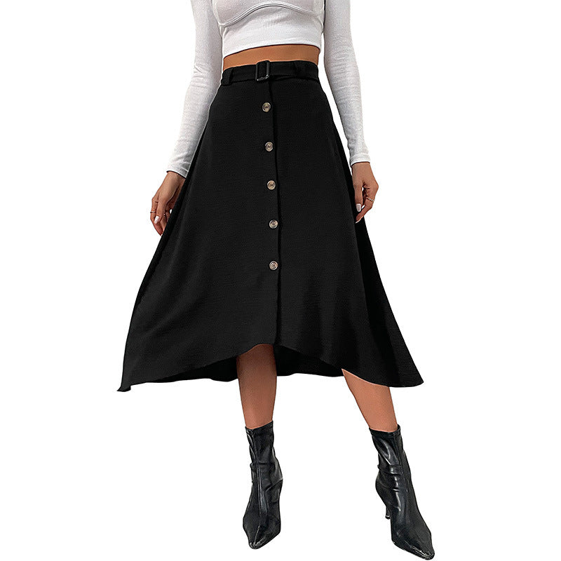 A-Line Midi Skirt with Button-Front Slit and Belt