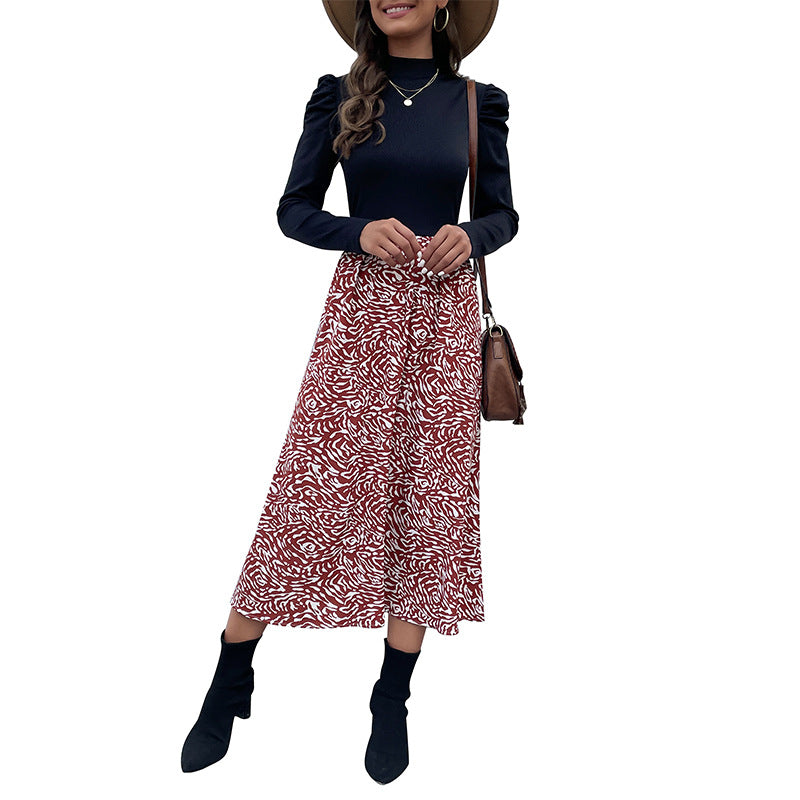 Spliced A-Line Midi Dress with Puff Sleeves