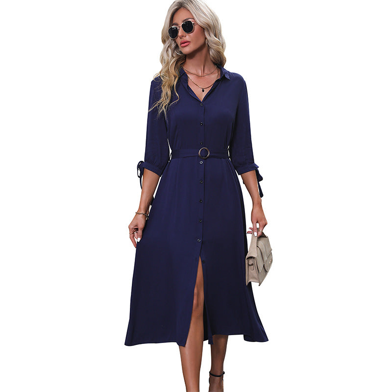 Solid A-Line Midi Shirt Dress with Belted Waist