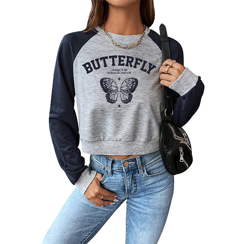Raglan Cropped Sweatshirt with Butterfly Print