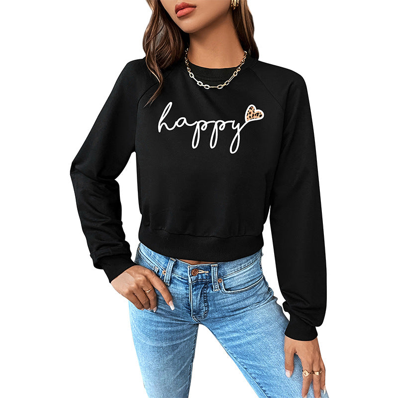 Cropped Sweatshirt with 'Happy' Letter & Leopard Heart Print