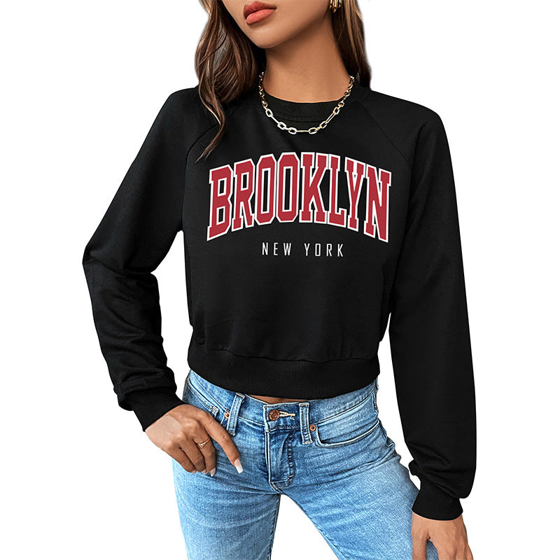 Cropped Letter Print Sweatshirt with Long Sleeves