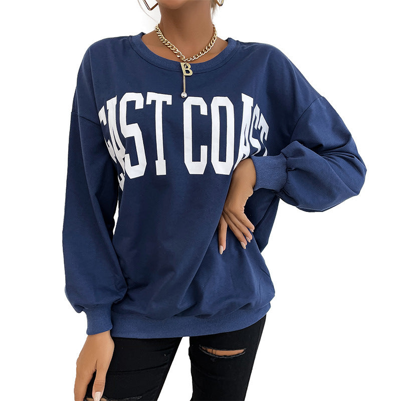 Loose Letter Print Sweatshirt with Round Neck