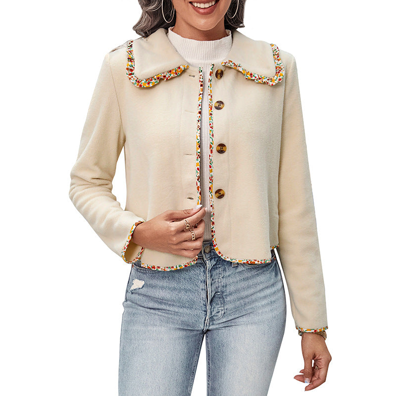 Cropped Fleece Jacket with Floral Trim Collar