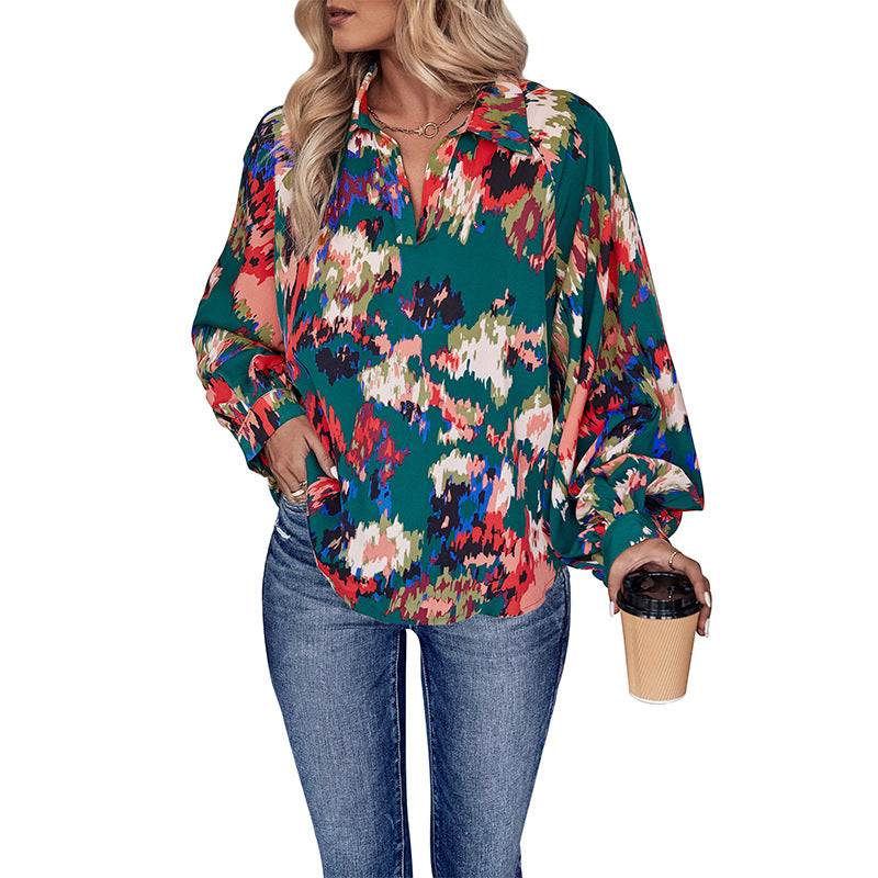 Green Floral Print Blouse with V-Neck Lapel and Balloon Sleeves