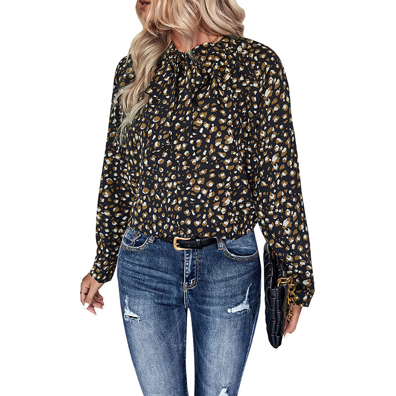 Speckled Print Pullover Blouse with Pussy-Bow Collar