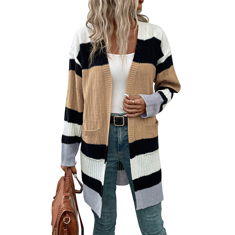 Striped Long Cardigan with Open Front and Pockets