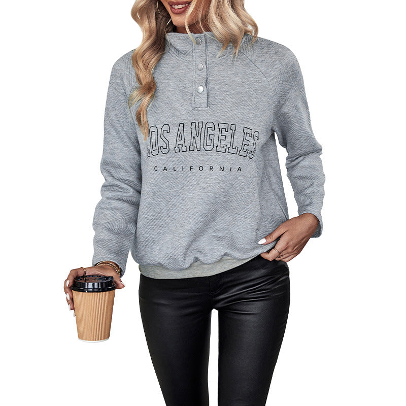 Letter Print Textured Sweatshirt with Henley Collar