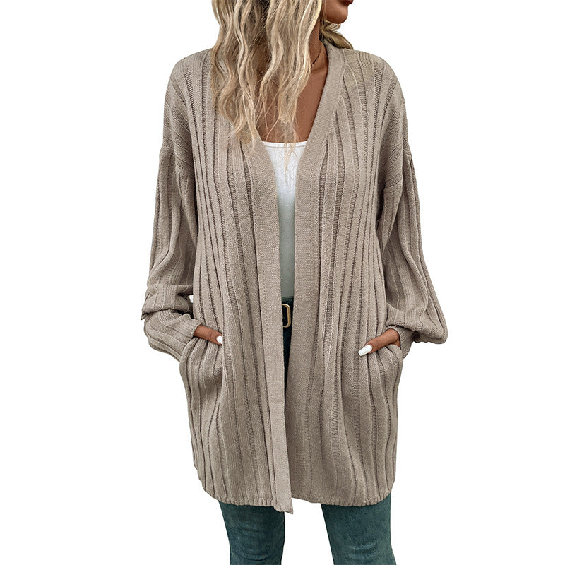 Solid Long Ribbed Cardigan with Lantern Sleeves