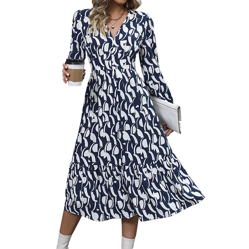 Irregular Print Midi Dress with V-Neck and Long Sleeves