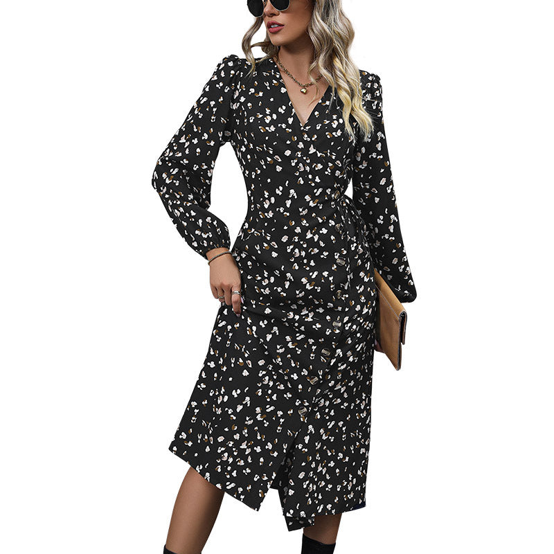 Wrap Midi Dress with Petal Print, V-Neck, and Long Sleeves