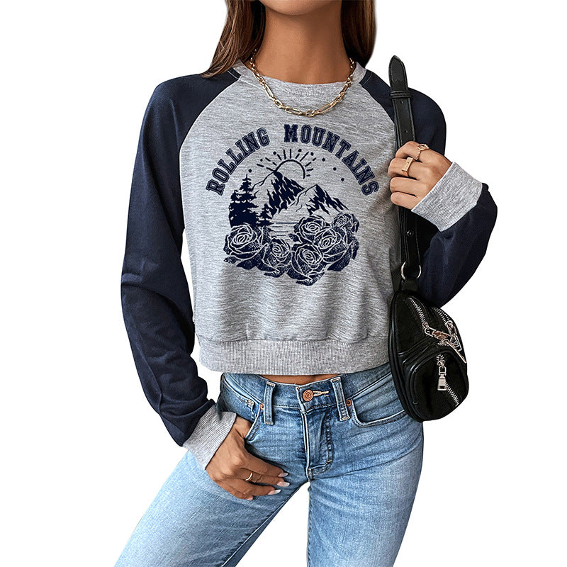 Cropped Graphic Print Sweatshirt with Raglan Sleeves
