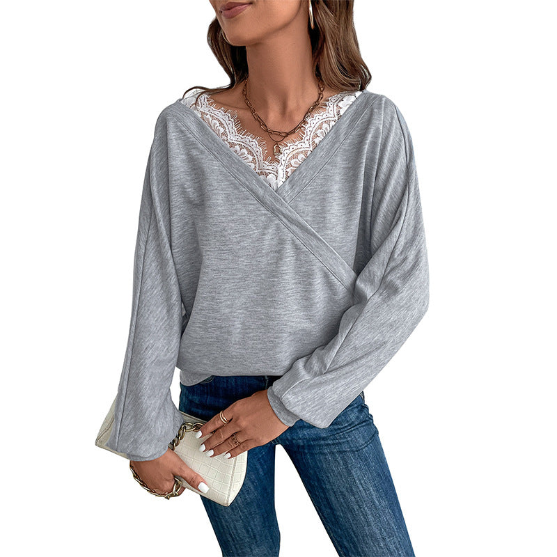 Solid Color Crossover Top with Lace V-Neck