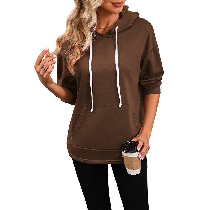 Solid Color Hoodie with Drawstring and Kangaroo Pocket