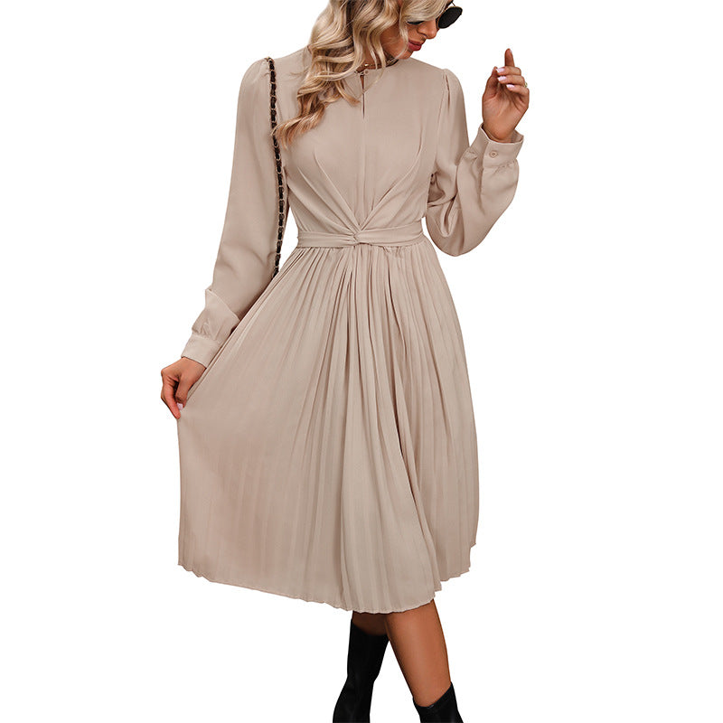 Pleated Midi Dress with Long Sleeves and Twisted Front