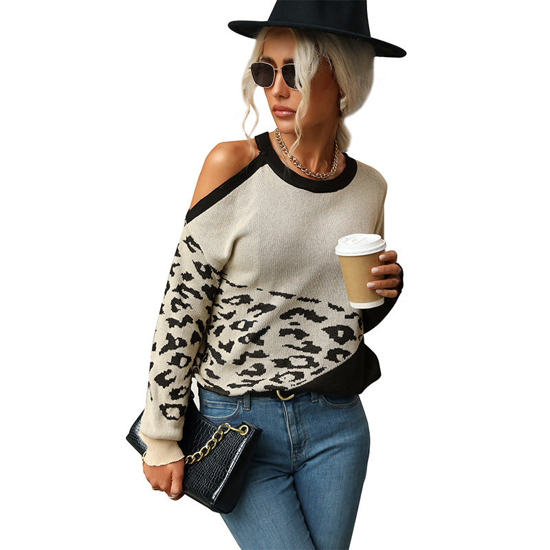 Leopard Print Color Block Sweater with Cold Shoulder