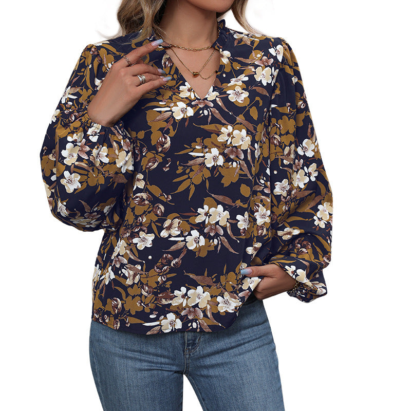Floral Print Blouse with V-Neck and Balloon Sleeves