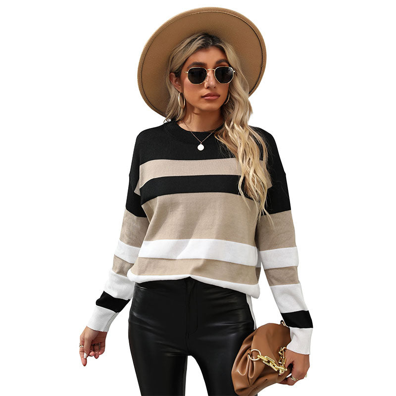 Color Block Long Sleeve Sweater with Round Neck