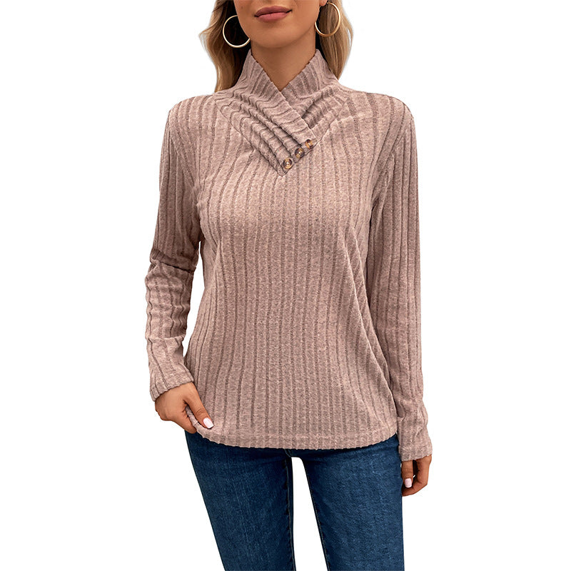 Solid Ribbed Knit Pullover with Draped Button Collar