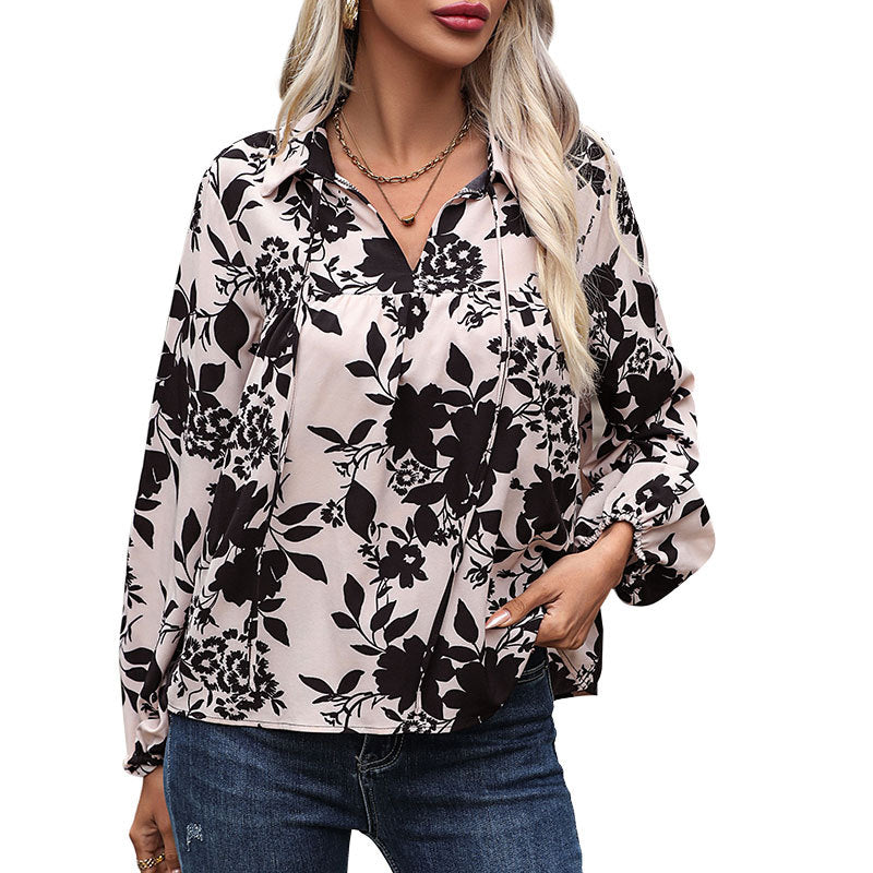 Floral Print Blouse with Lapel Collar and Tie-Neck