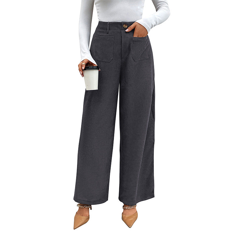 High-Waist Wide-Leg Corduroy Pants with Patch Pockets