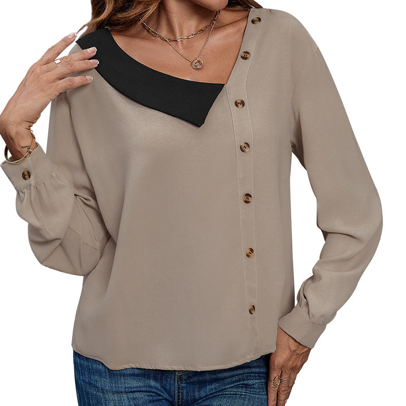 Color-Blocked V-Neck Blouse with Asymmetrical Button Front