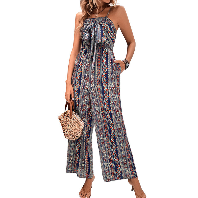 Printed Straight-Leg Jumpsuit with Tie-Front Bust