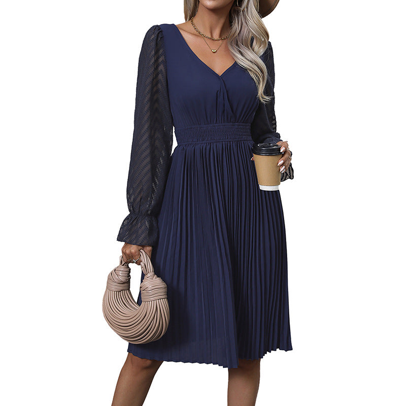A-Line Dress with Pleated Skirt and Patterned Sheer Sleeves
