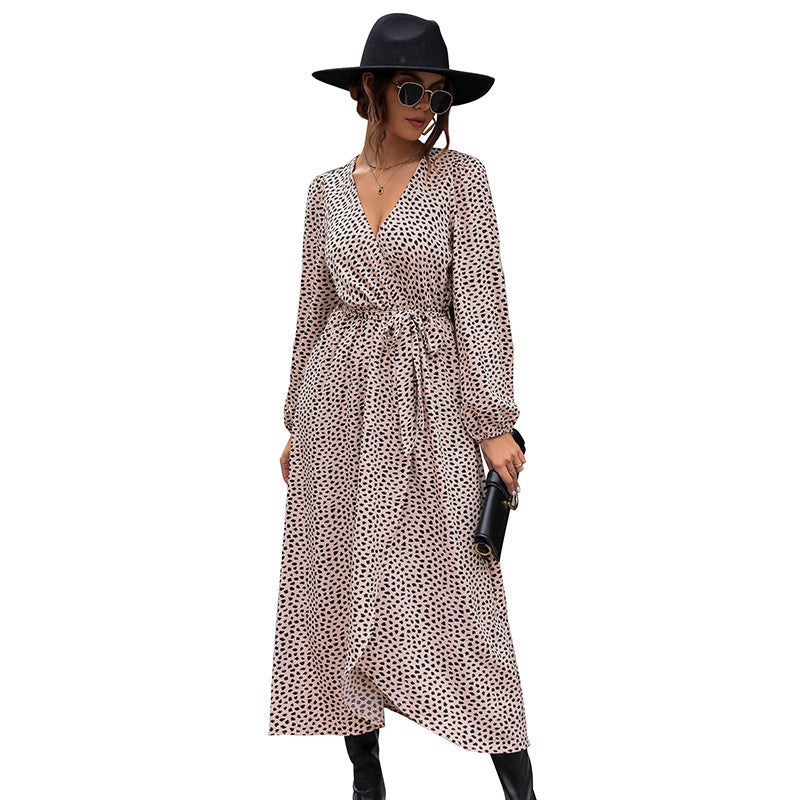 Leopard Print Wrap Midi Dress with V-Neck and Tie Waist
