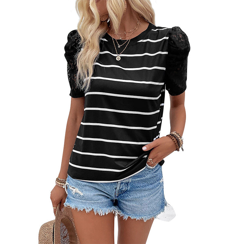 Striped Round Neck T-Shirt with Lace Puff Sleeves