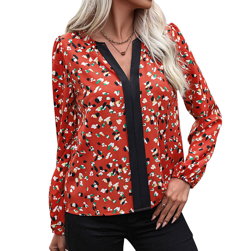 Abstract Print Blouse with Long Sleeves and Contrast V-Neck